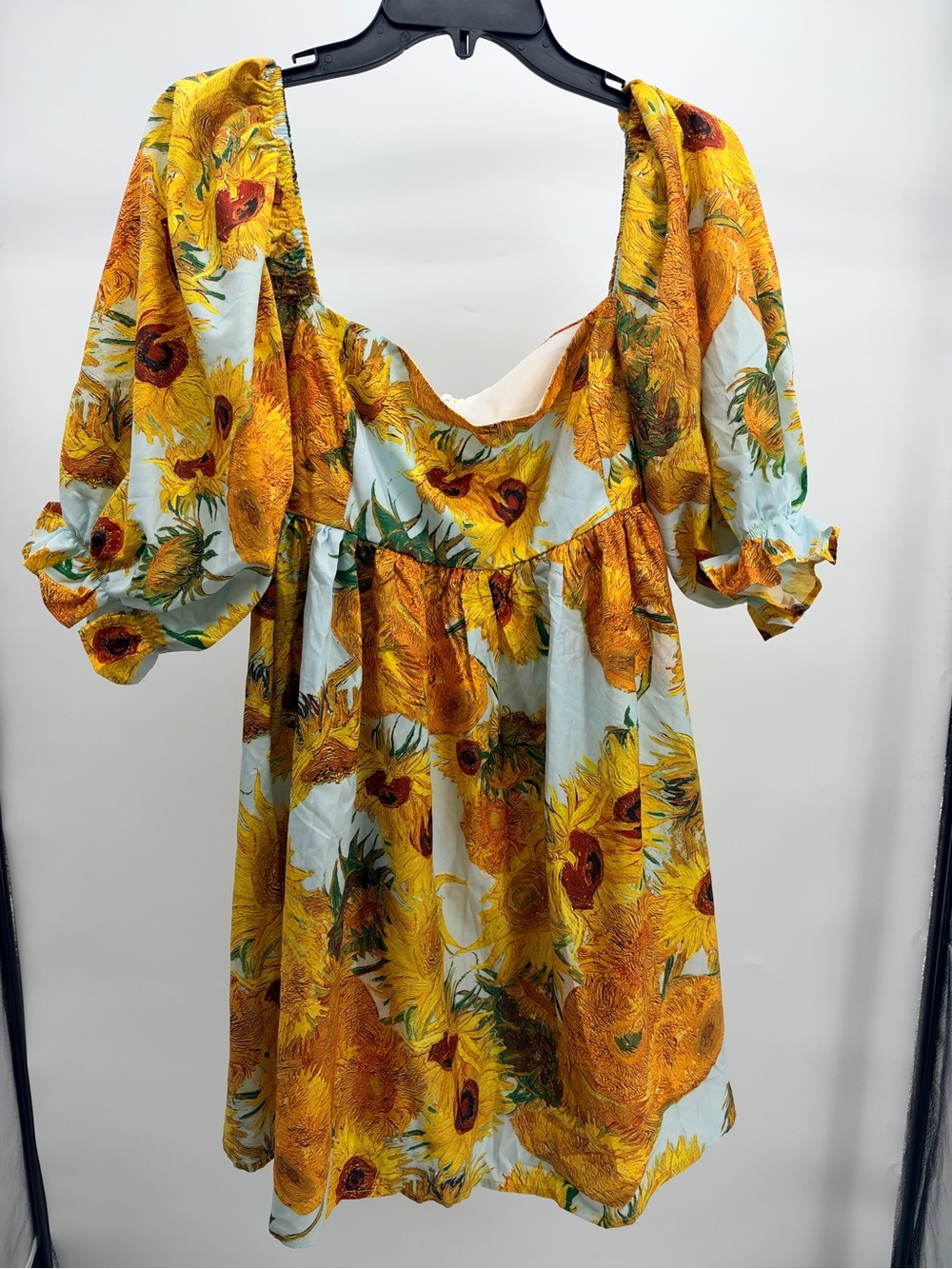 Sunflower Print Puff-Sleeve Mini Dress - Yellow